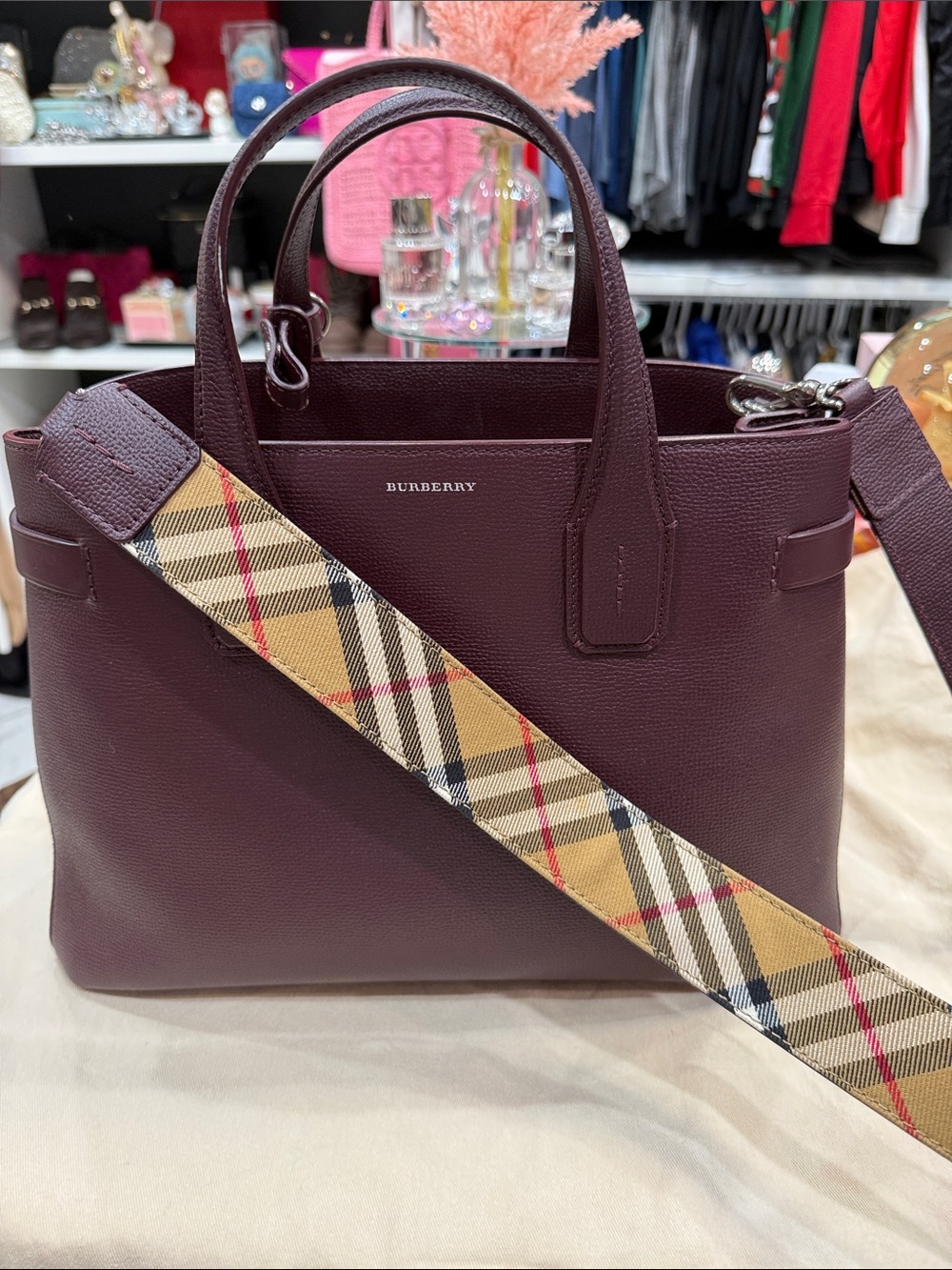 Burberry Burgundy Leather Satchel with Signature Check Strap and inside